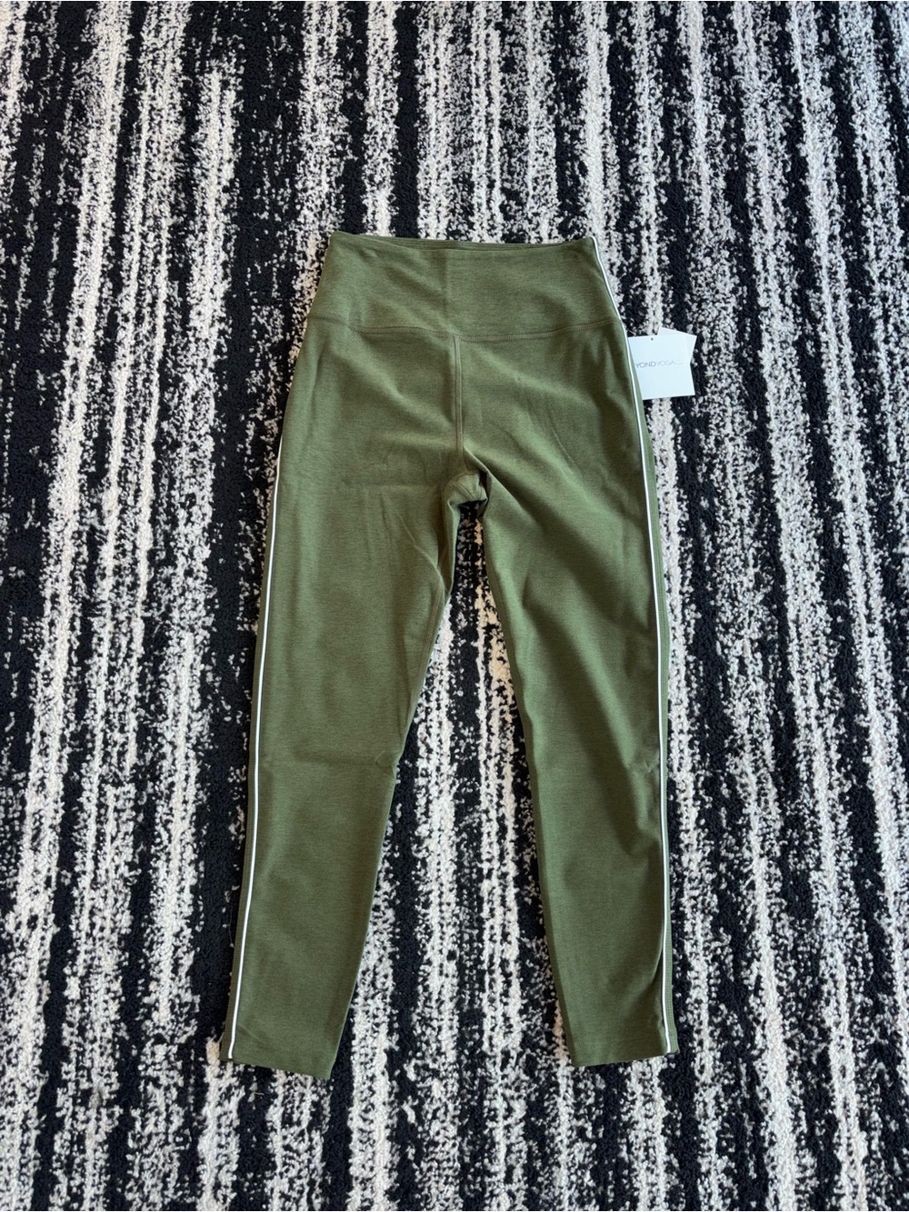 Beyond Yoga Olive Green High-Waist Leggings with White Side Stripe